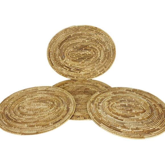 Vintage 70s Bohemian Basket Weave Rattan Oval Boho Charger Placemats Set of Four - Picture 1 of 5